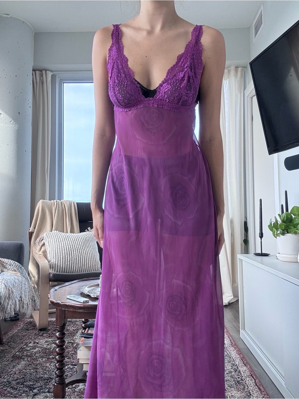 La Vie En Rose Sheer Lace Chemise in Vibrant Purple